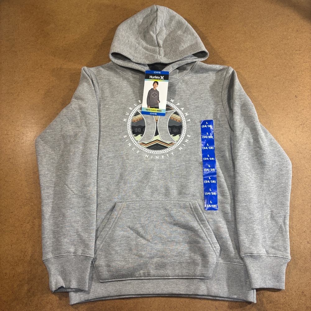 Hurley Youth Fleece Hoodie Gray Graphic Pullover Sweatshirt L 14/16